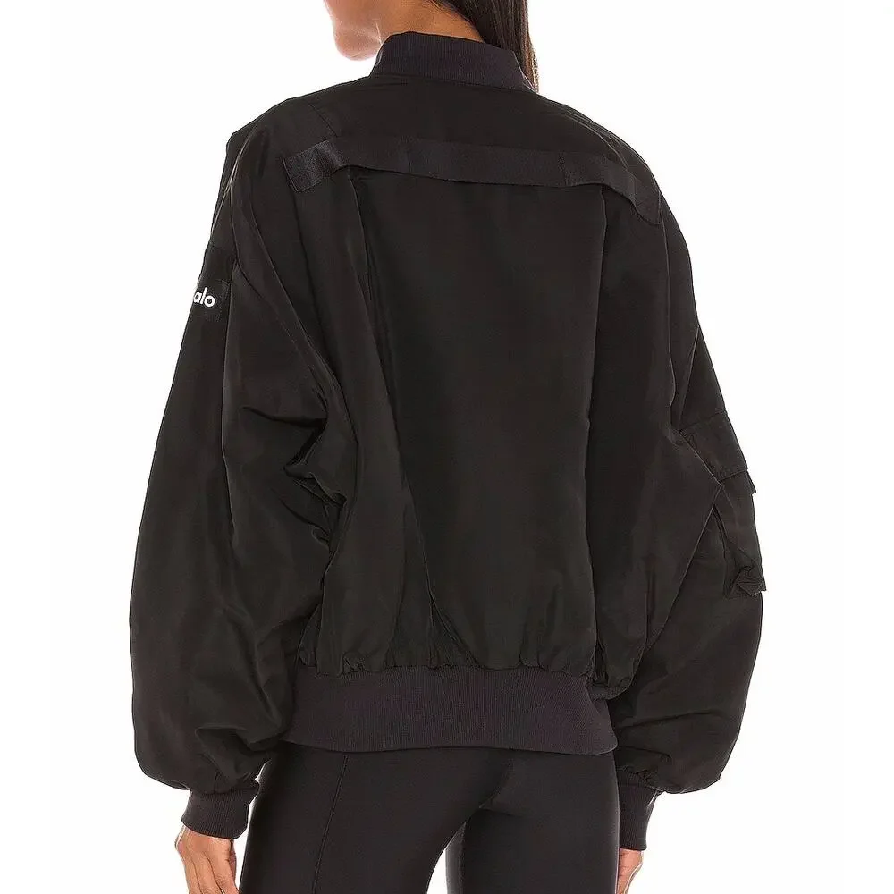 Alo Yoga It Girl Bomber Jacket Black Size Medium EUC Oversize Blade Collar - Picture 2 of 16